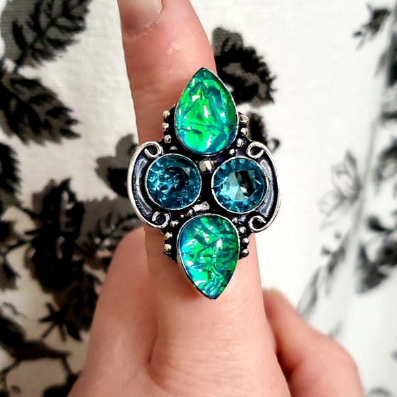 New Dichroic Glass and Blue Topaz 925 Silver Ring. - Picture 8 of 8
